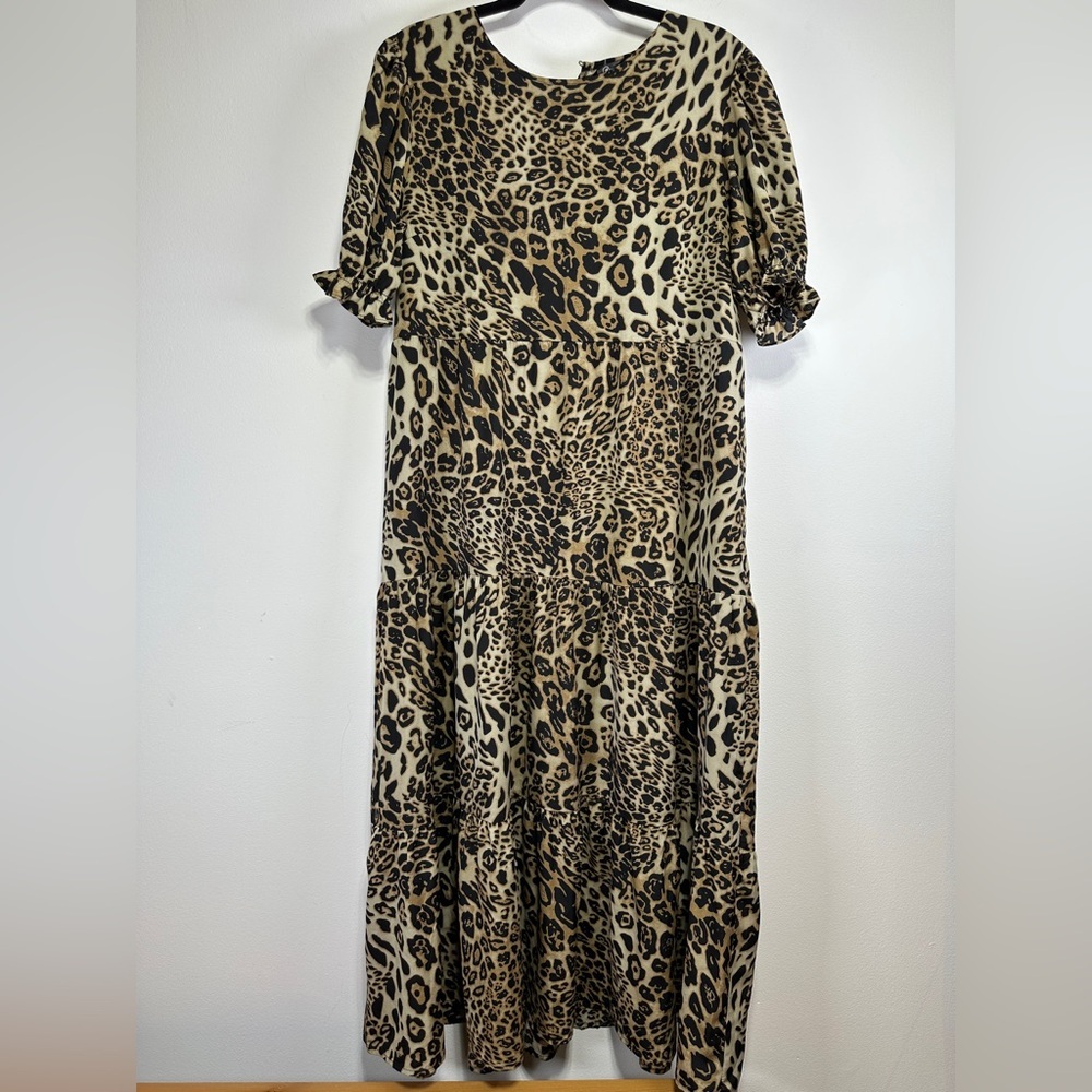PrettyGarden Leopard Print Maxi Dress Puff Sleeve Flowy Tiered Boho Safari